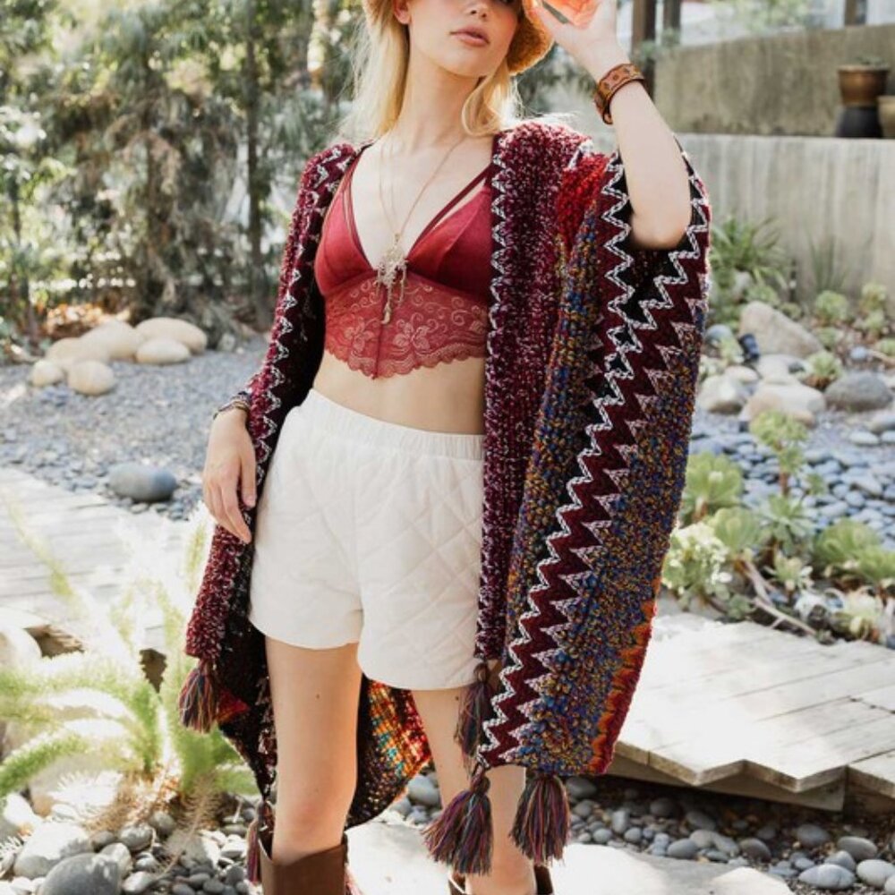 New Bohemian Loom Moroccan Knit Tasseled Handmade Poncho Cardigan Sweater